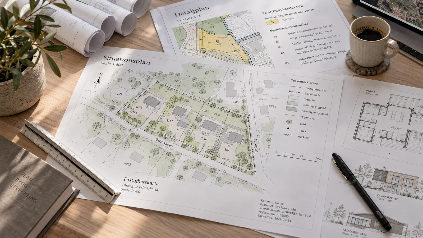 Detaljplan, situationsplan och husritningar utlagda på ett skrivbord