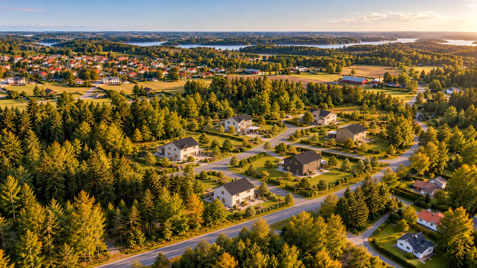 En möjlig framtid: samma markområde visualiserat med nya villor, gator och trädgårdar