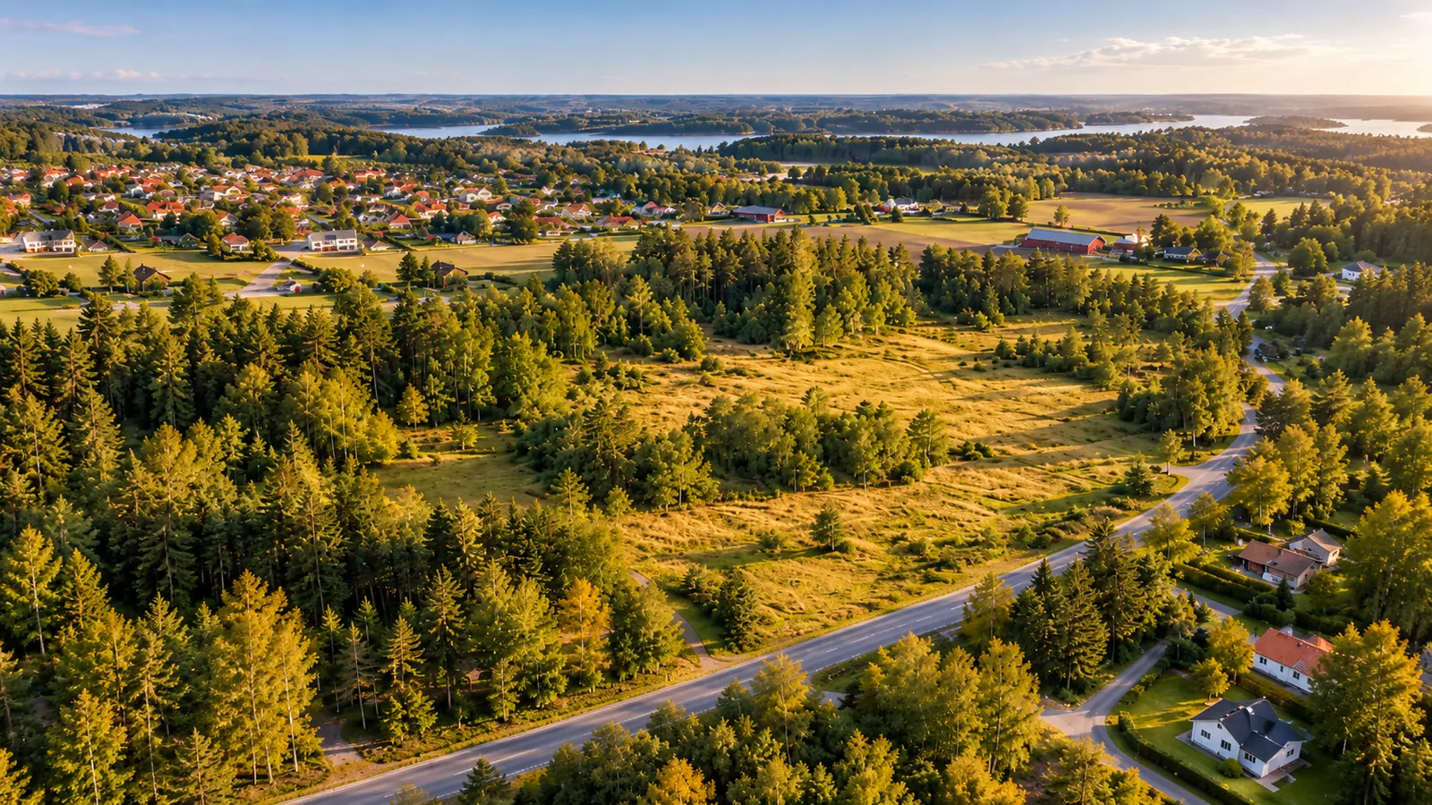 Idag: obebyggd ängsmark omgiven av skog, intill en landsväg och befintliga villor