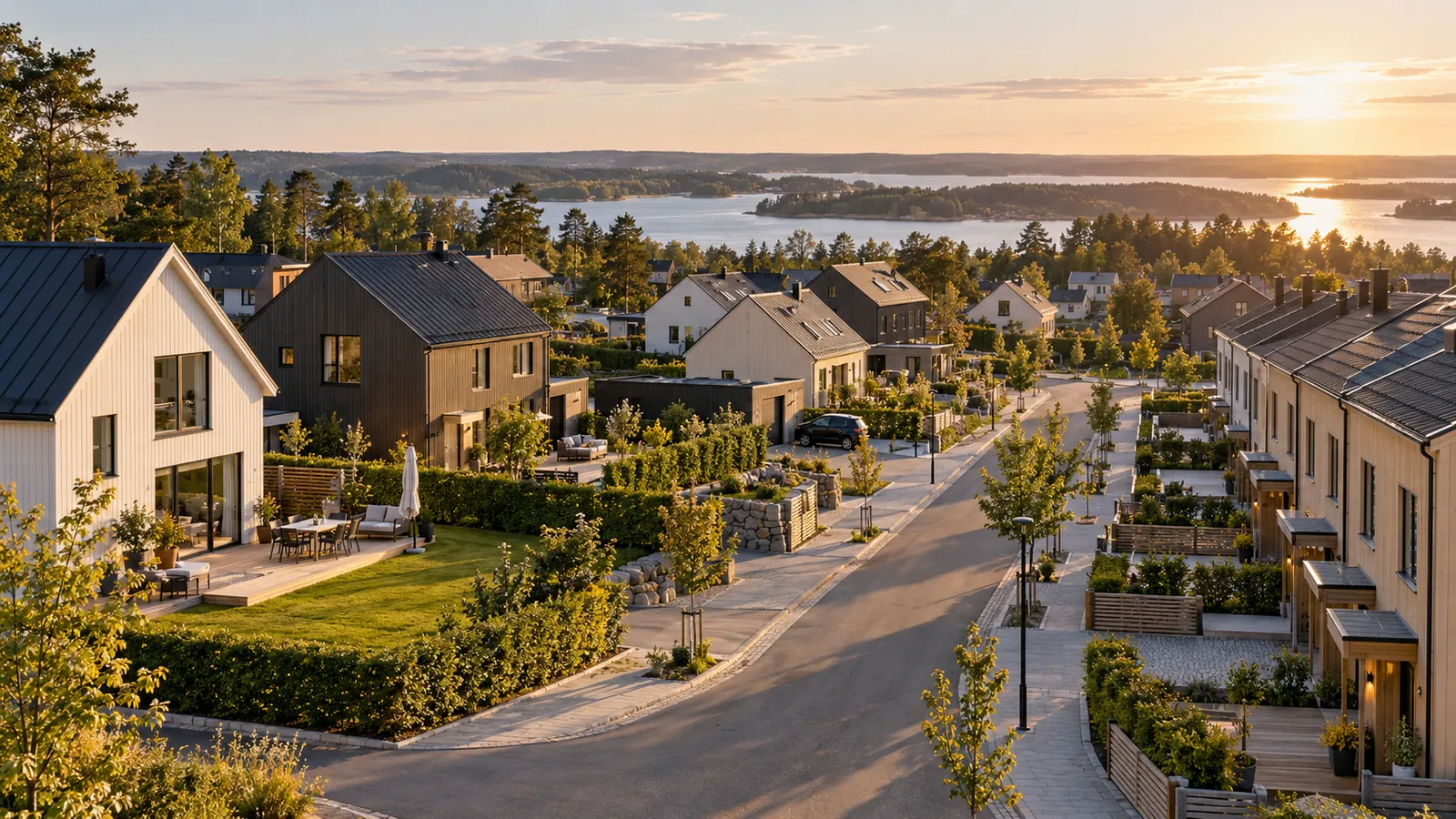 Nybyggt bostadsområde med villor, radhus och planterade gator i kvällssol mot vattnet