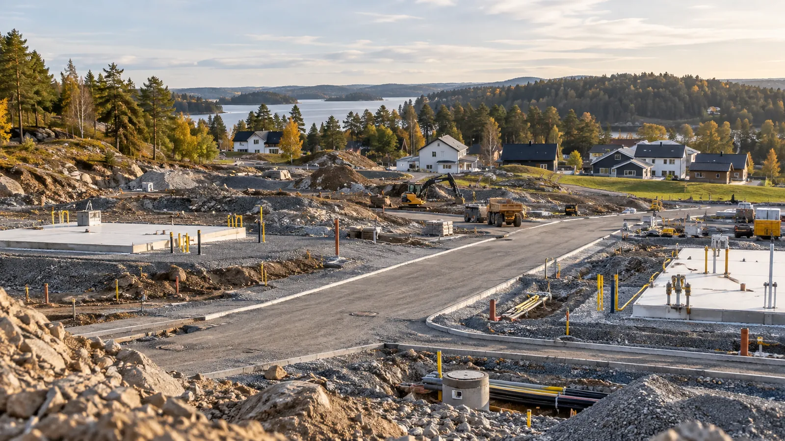 Område under utbyggnad med nya gator och grundplattor, med sjö och skog i bakgrunden