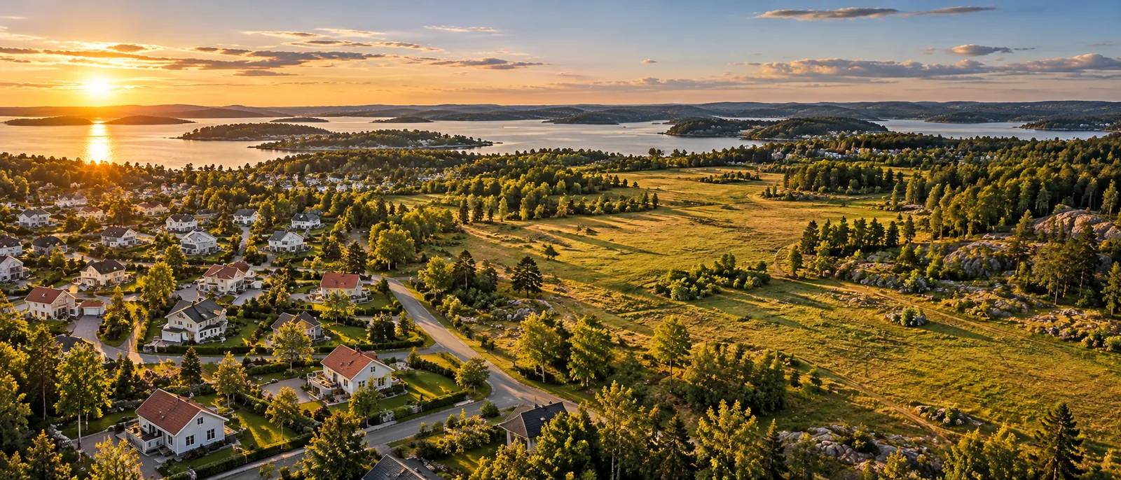 Flygbild i kvällsljus över ett villaområde som gränsar till öppen mark, skog och vatten