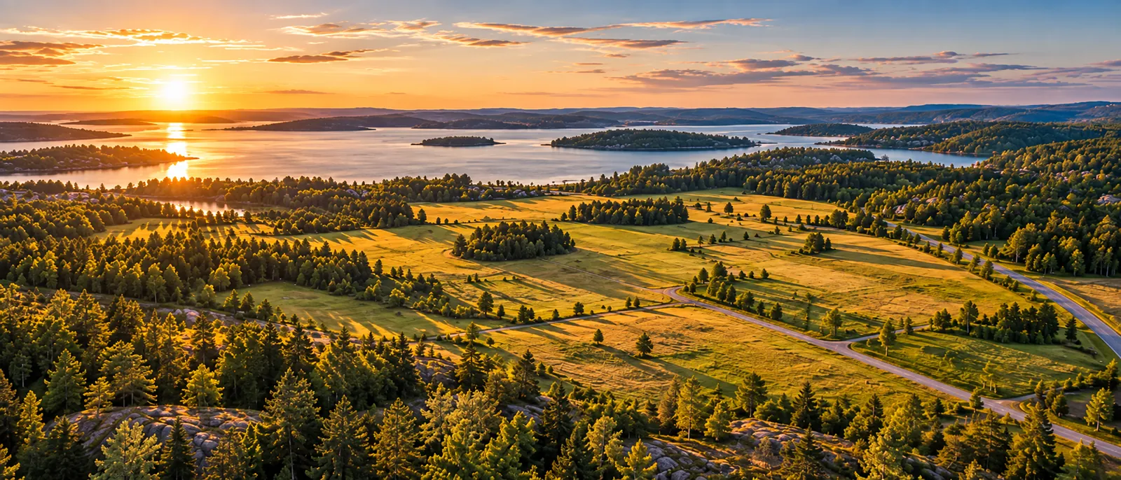 Stort öppet markområde med ängar och skogspartier vid vatten i solnedgång
