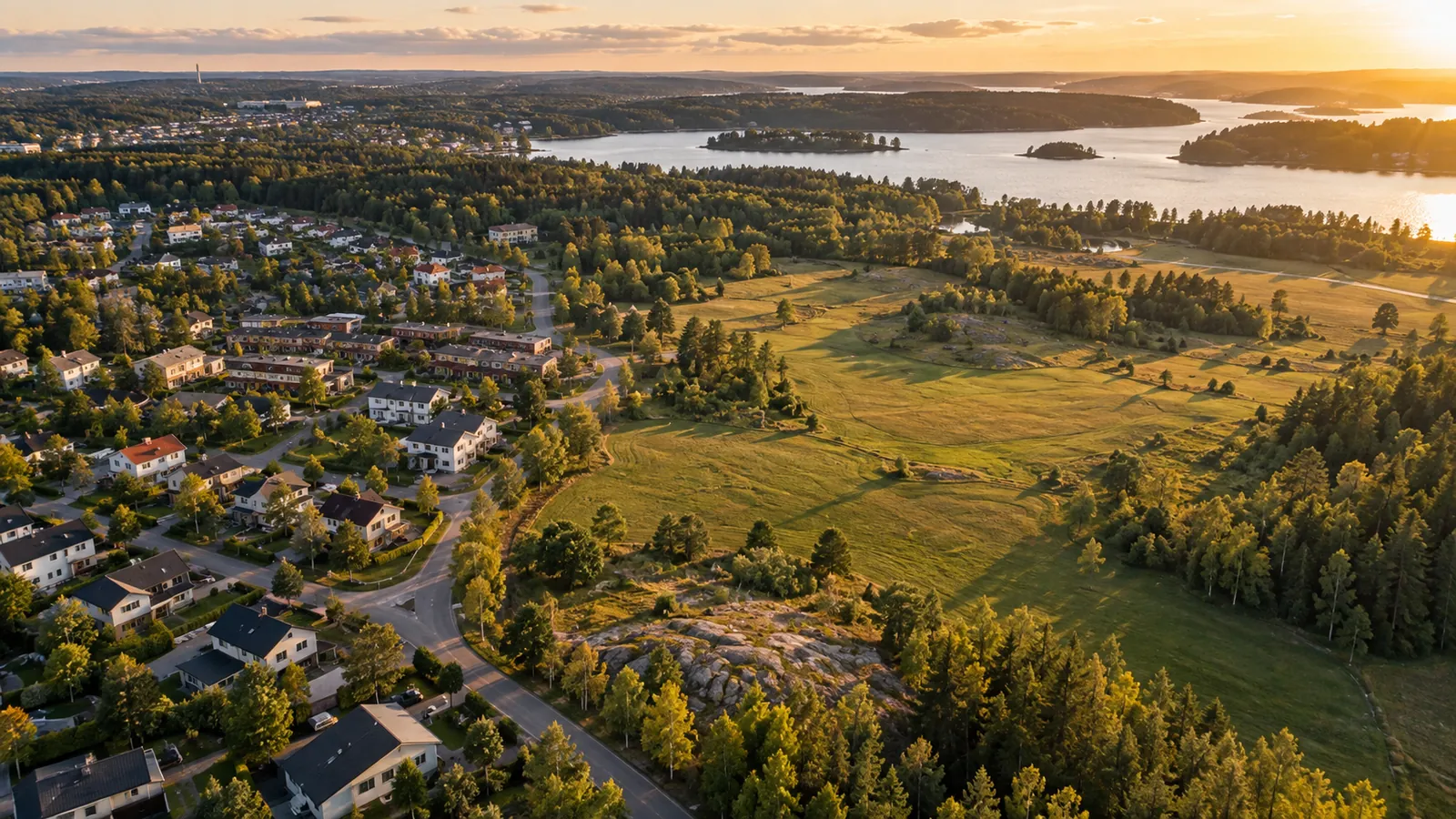 Villaområde i kvällsljus där tomterna gränsar mot öppen mark